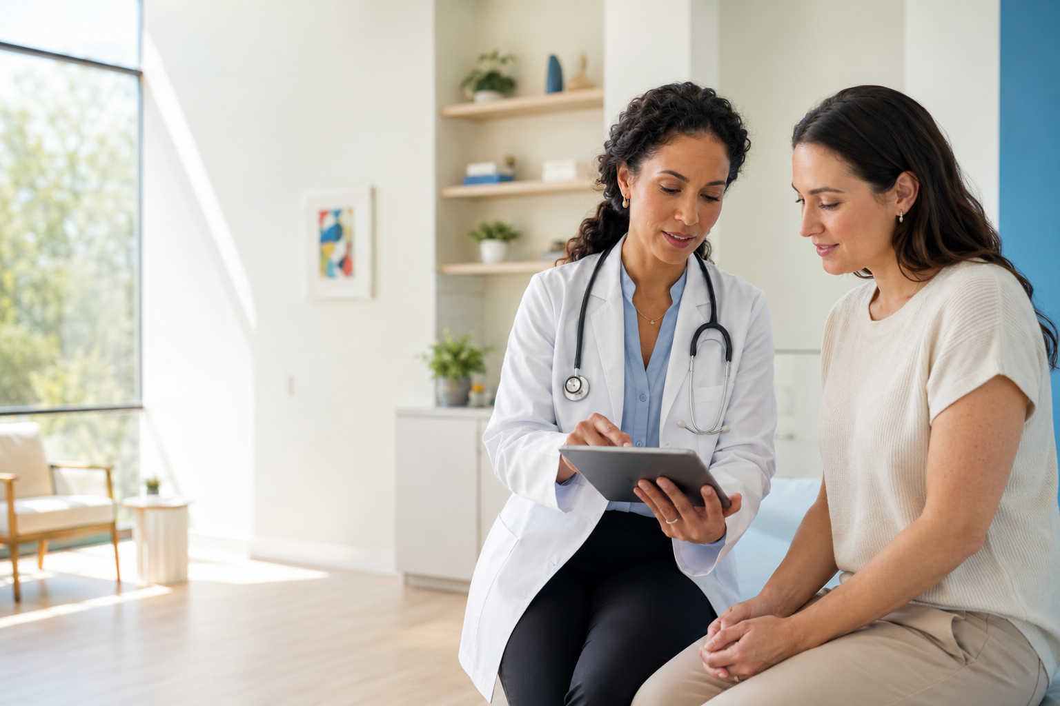 A physician reviewing information with a patient in a bright medical office